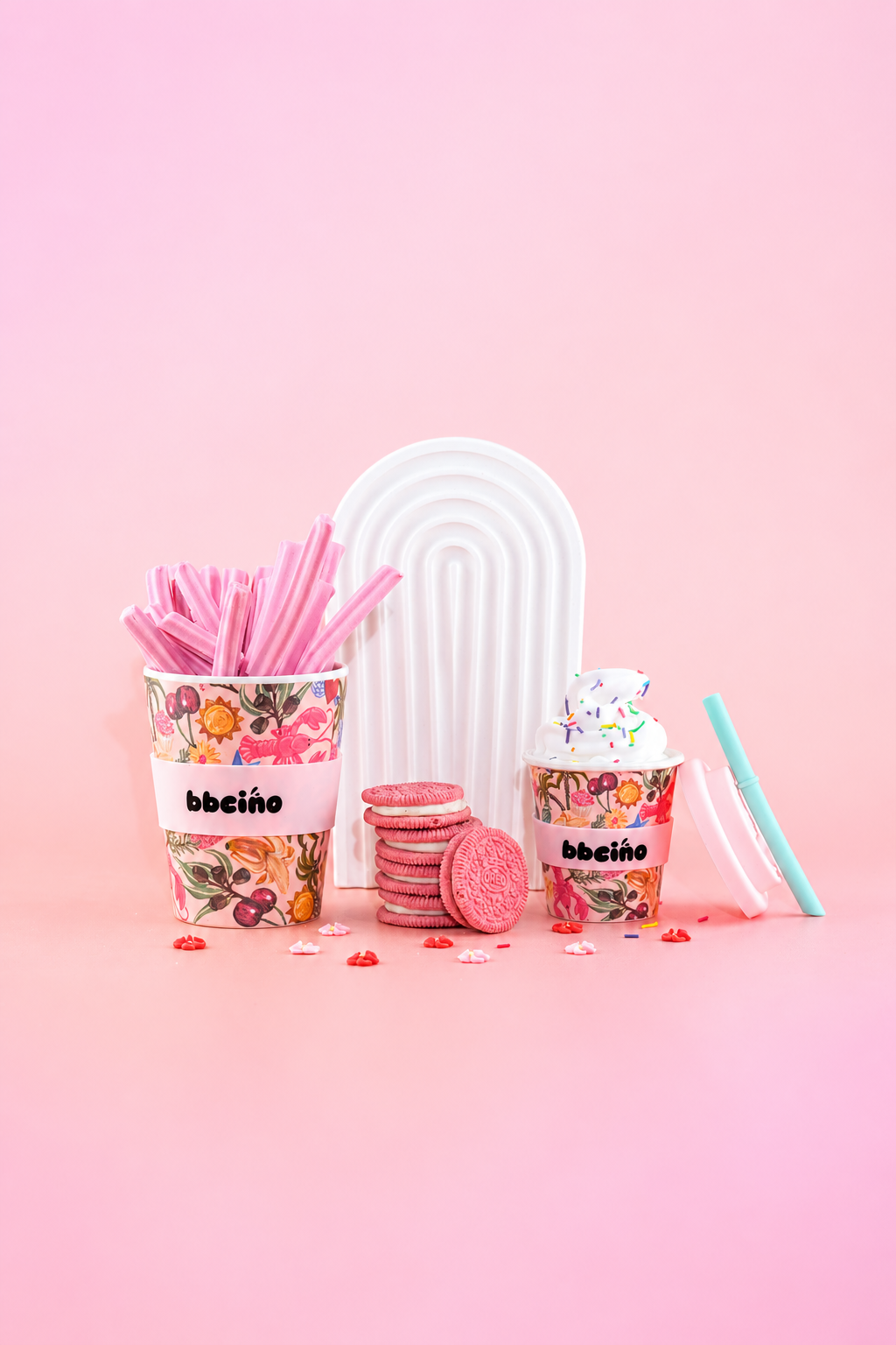 350ml BiggieCino cups with fruit and floral designs