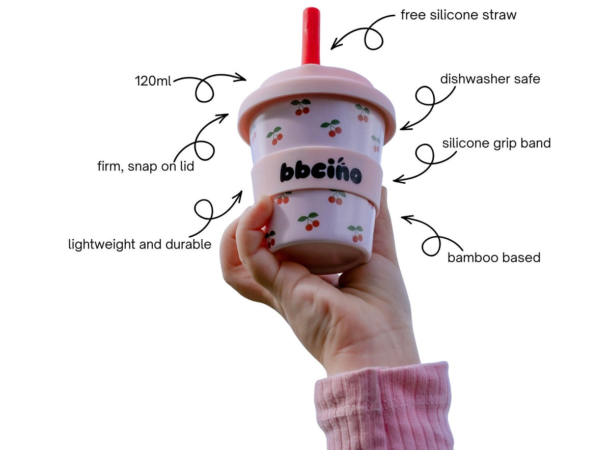 120ml BBcino cup with labelled straw, lid, grip band and care features