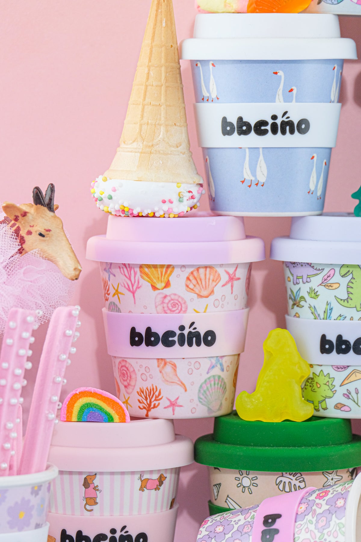 Colourful BBcino cups stacked together